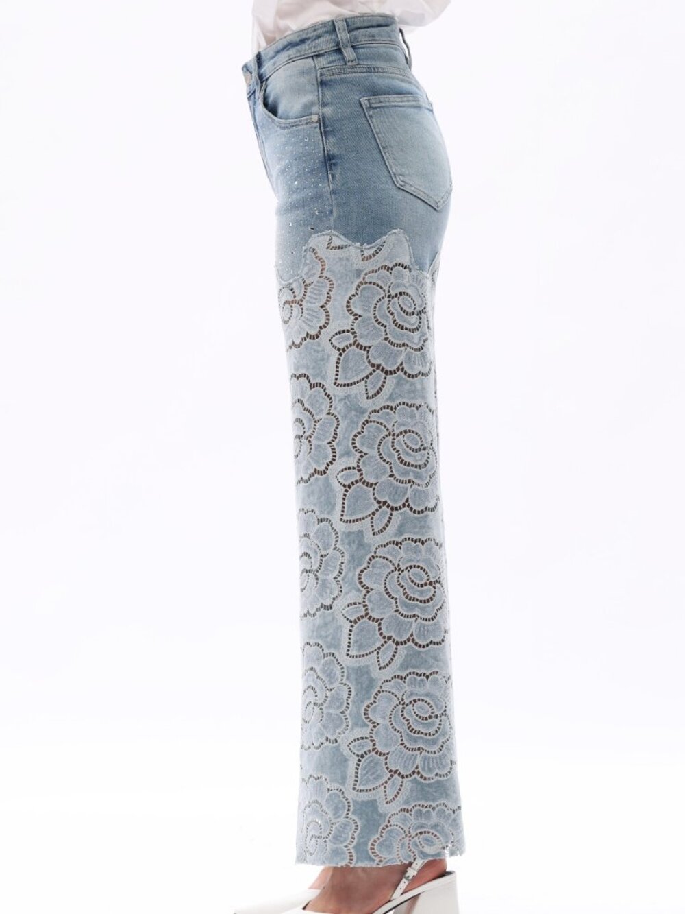 Velvet Cut Out Rhinestone High Rise Wide Leg Jeans - Picture 5 of 9